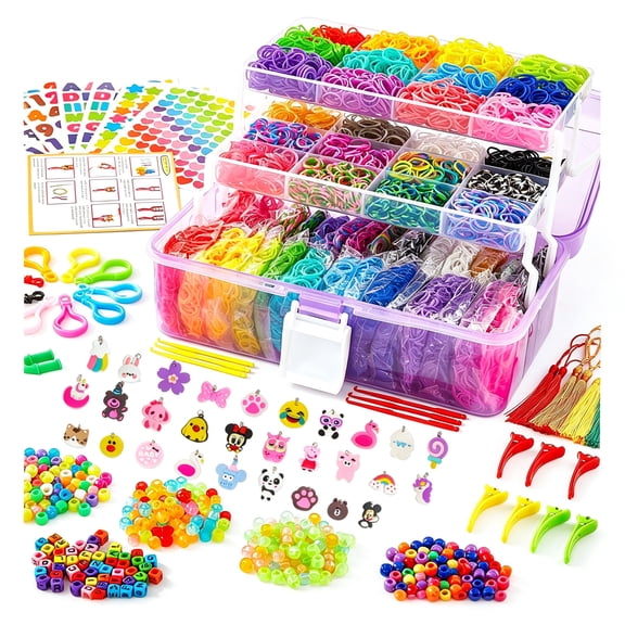 CYFW 17500+ Rubber Loom Bands with 3 Layer Transparent Container, 28 Colors, 600 S-Clips, 352 Beads, 40 Cartoon Pendant, Bracelet Making Refill Kit for Kids