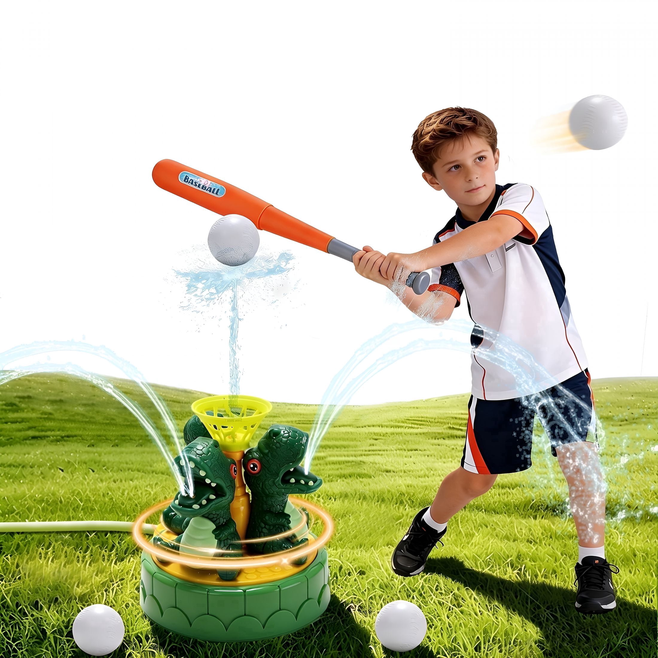 CYFW 2-In-1 Dinosaur Water Sprinkler&Baseball Toy for Kids-360 Degree Spray&Batting Game with 4 Balls,Summer Outdoor Backyard Gift for Toddlers Boys Girls