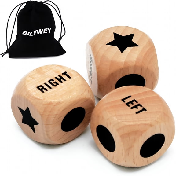 CYFW 2026 New 3Pcs Left Right Center Game Dice 1 Inch Beech Wood Dices with Drawstring Bag (3 Pcs),For Family Games,Party Games,Board Games,Dice Enthusiasts.