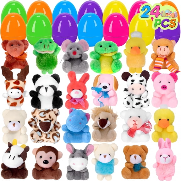 CYFW 24 PCS Prefilled Easter Eggs with Mini Plush Animals Toys Easter Basket Stuffers/Fillers for Kids Toddlers Plastic Easter Eggs Stuffed Animals Gifts Eggs for Easter Egg Hunt Prizes,Party Favor