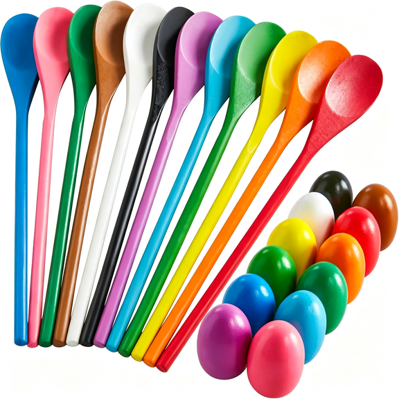 CYFW 24 Pcs Easter Egg and Spoon Race Game Set, 12 Players Carnival Egg and Spoon Relay Game for Kids & Family Activity Holiday Outdoor Yard Easter Egg Hunt Birthday Party Lawn