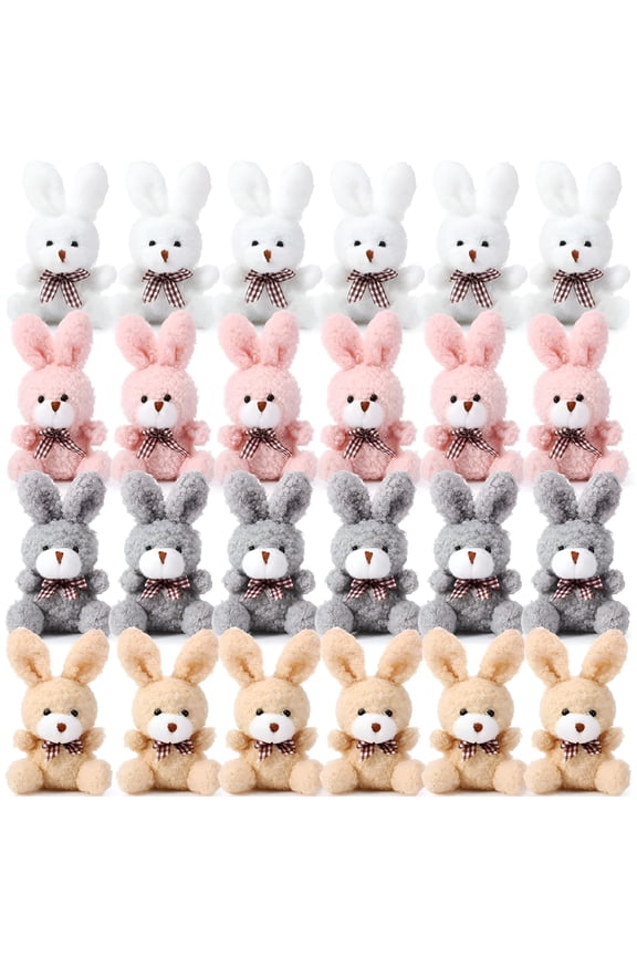 24 Pcs Plush Bunny Stuffed Animal Bulk 4.7 Inch Mini Bunnies Keychain Doll Furry Rabbit with Bow Tie for Birthday Xmas Easter