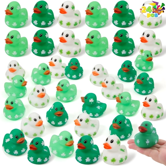 CYFW 24 Pcs St. Patrick's Day Rubber Ducks for Patrick's Party Supplies, Green Shamrock Clover Ducks for Kids Party Accessories Favors