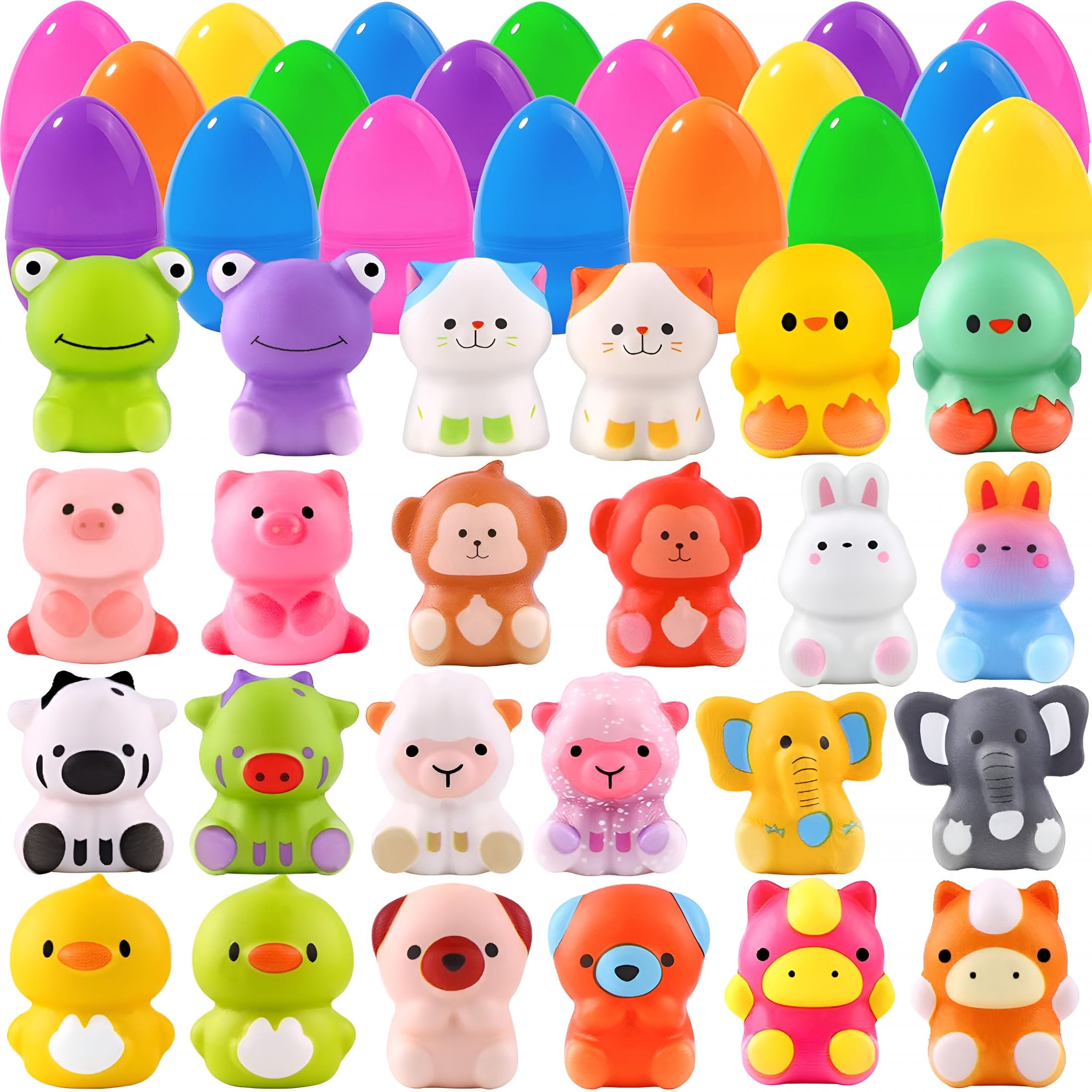 CYFW 24pcs Prefilled Easter Eggs with Animal Toys,Easter Basket Stuffers Egg Hunt Egg Fillers Squeeze Toys for Boys Girls Easter Party Favors for Kids Classroom Prize