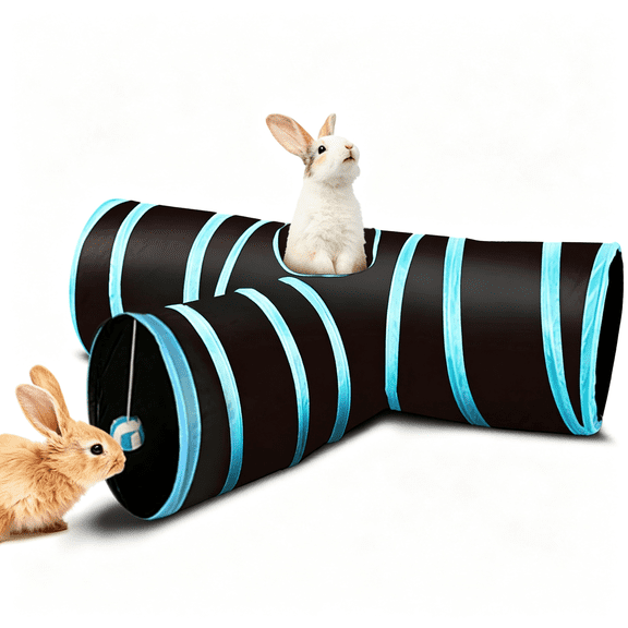 CYFW 3-Way Ferret Rabbit Tunnel Bunny Hideout Activity Tube Peep Hole Crinkle Ball Accessories Hiding Resting Dwarf Rabbits Bunny Kitty Guinea Pig Turquoise Black