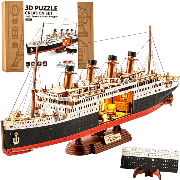 CYFW 3D Wooden Puzzle Titanic Model Ship Kit 19.5" 433Pcs Led | Diy Wooden Craft Model Building Kit with Led Lights,Home Decor Birthday Valentine Gift for Men Women Adults