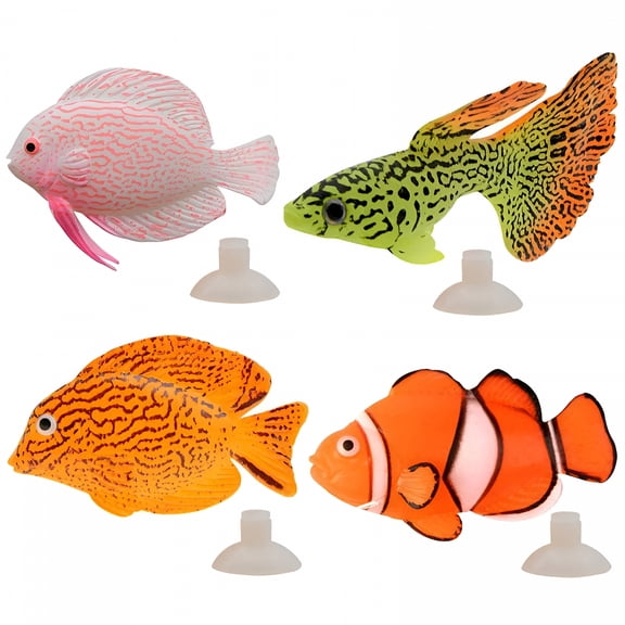 CYFW 4 Pcs Artificial Silicone Fish for Aquarium, Fake Tropical Sea Creatures with Suction Cups, Floating Tank Decor Ornament