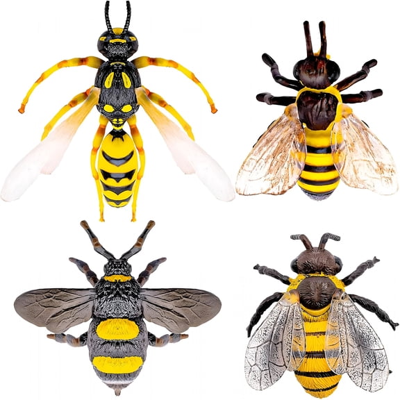 CYFW 4 Pcs Bee Figurine Set Realistic Bee Figure Honeybee Figurines Bees Model Various Bees Model Fake Bees Animal Figures Insect Toy for Science Project Cake Topper