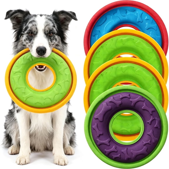 CYFW 4 Pcs Dog Flying Discs Set 9.05 Inch Lightweight Nylon Fetch Discs Float Water Safe Teeth Feedable Groove Design for Small Medium Large Dogs Blue Green Purple