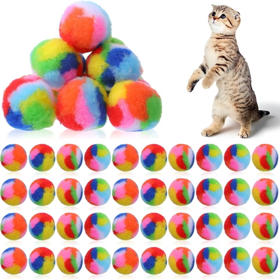 CYFW 40 Pcs Soft Plush Cat Ball 1.7Inch Rainbow Pom Pom Cat Toy Balls Fuzzy Kitty Yarn Puffs for Pet Interactive Playing Exercising Training Assorted Color Lightweight