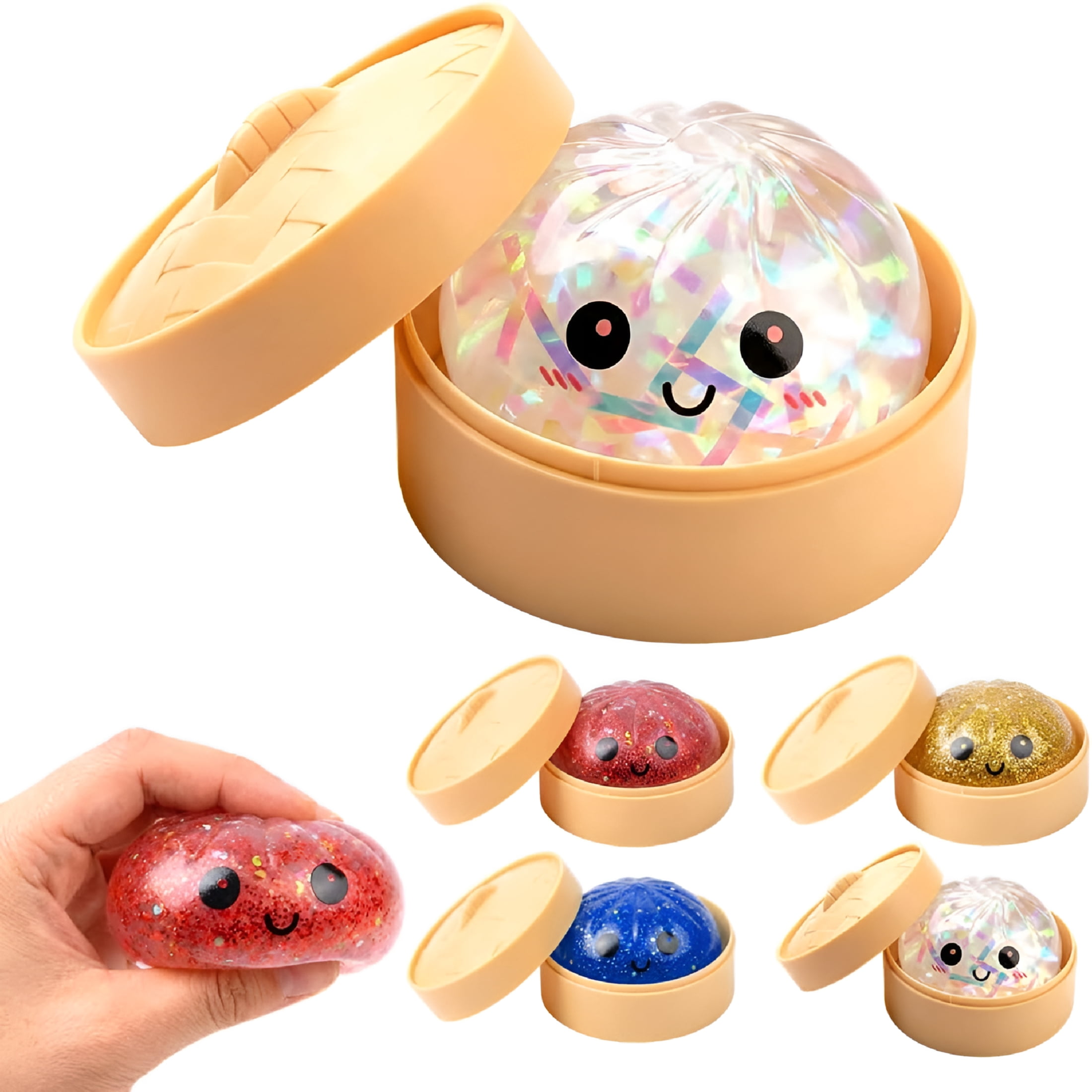 CYFW 4Pcs Colorful Dumplings Stress Balls Fidget Sensory,Squeeze Dough Ball Stress Relief Hand with Food Steamer Stretchy Desk(White)