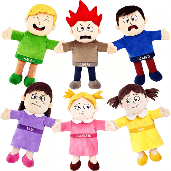 CYFW 6 Pcs Feelings Hand Puppets Emotion Toys Set,12" Expression Puppets with Moveable Arms Role-Playing Toy,Plush Puppet for Kids Toddlers Social Birthday Gifts