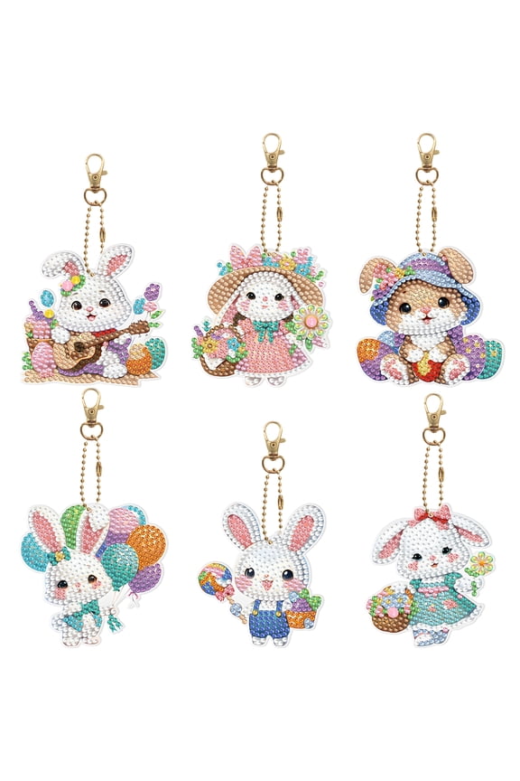 6Pcs Bunny Diamond Art Keychain Charms,Cute Easter Diamond Art,DIY Handmade Keychain Diamond Art Kit,Diamond Art Accessories for Easter Party Decorations