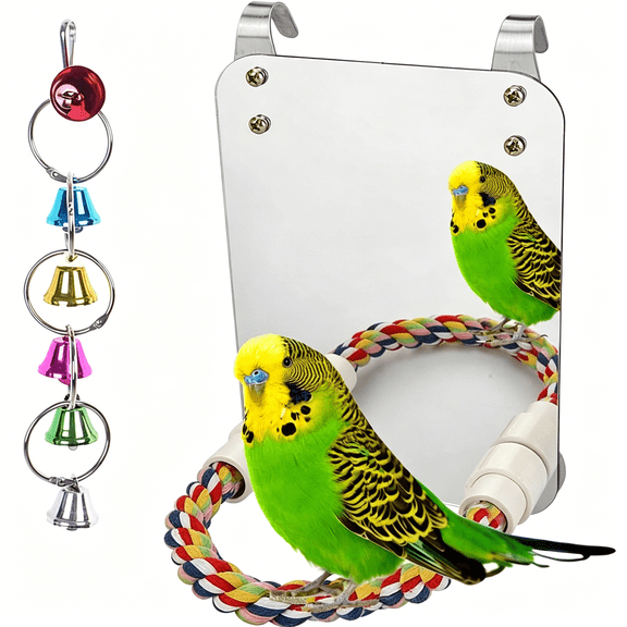 CYFW 7"Bird Mirror with Rope Perch Bird Toys Swing,Comfy Perch for Greys Amazons Parakeet Cockatiel Conure Lovebirds Finch Canaries