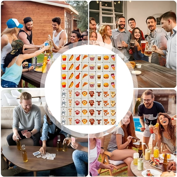 CYFW 8 Animals Pattern+8 Foods Pattern Seaside Escape Game Blocks Mahjong Sets with 65 Tiles 30mm Flag and Ball Pattern with Handbag for Spring Picnic Party Gift.