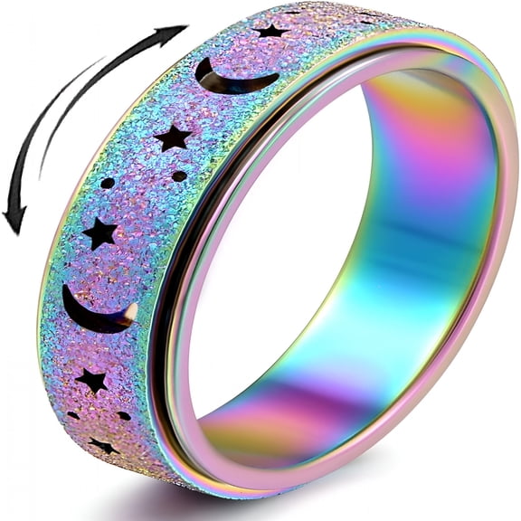 CYFW Anxiety Ring Spinner Ring Fidget Ring Fidget Toys for Adults Spinner Rings for Anxiety Fidget Rings for Women Moon Star Rainbow 8