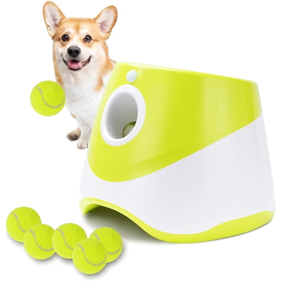 CYFW Automatic Dog Ball Launcher,Indoor/Outdoor Interactive Dog Toy with Three Ranges,Includes 6 Mini Tennis Balls and a Data Line,Suitable for Small and Medium-Sized Dogs,Green