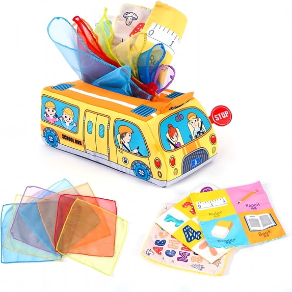 CYFW Baby Easter Basket Stuffers Tissue Box Toy,Sensory Toys with Crinkle Paper Colorful Soft Scarf for 0-3-6-9-12 Months Infants Newborns Easter Gift (School Bus)