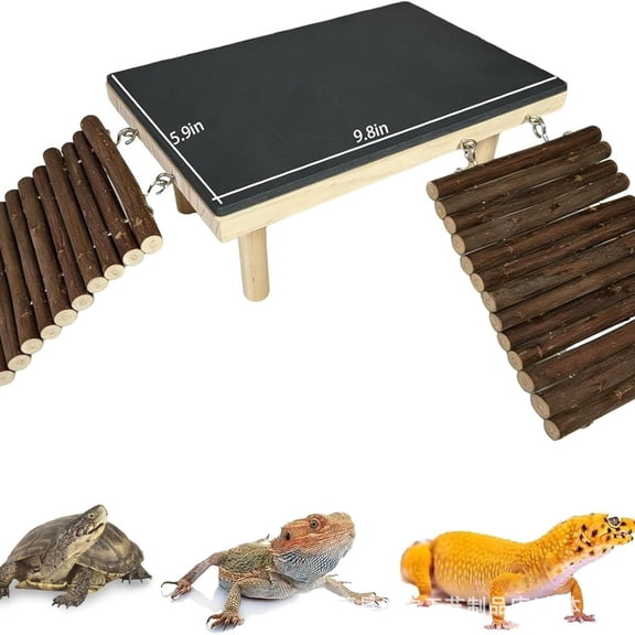 CYFW Bearded Dragon Basking Platform with Climbing Ramp,Reptile Basking Rock Slate Stone,Wood Lizard Resting Platform Hide Cave Tank Accessories for Gecko Tortoise Snake Frog(Large)