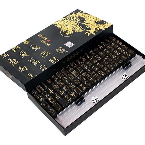 CYFW Black Gold Luxury Mahjong Set, Melamine High-End Mahjong Tiles, Mini Portable Design, Gift Box Pack for Home Use