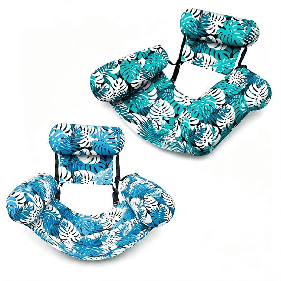 CYFW Blue & Green Inflatable Pool Float Chairs for Adults,Tropical Leaf Floating Loungers with Headrest,Back Support and Wide Armrests Pool Hammock Floats for Adults