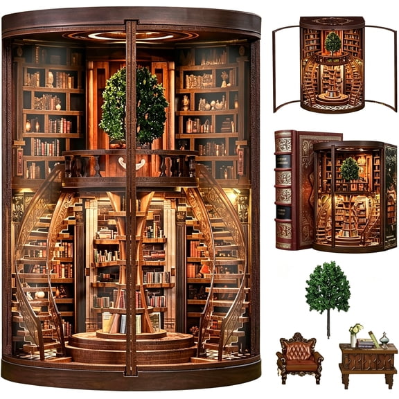 CYFW Book Nook Kit Tree of Time Library with Dual Led Lights,356 Pieces Diy Miniature Bookshelf Insert 3D Wooden Puzzle,No-Solder Snap-Fit Design for Adults Teens 14+,Gifts for Book Lovers