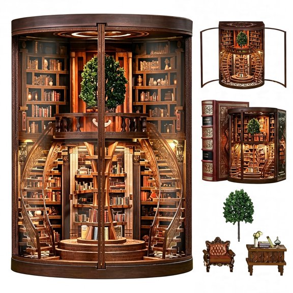 CYFW Book Nook Kit Tree of Time Library with Dual Led Lights,356 Pieces Diy Miniature Bookshelf Insert 3D Wooden Puzzle,No-Solder Snap-Fit Design for Adults Teens 14+,Gifts for Book Lovers