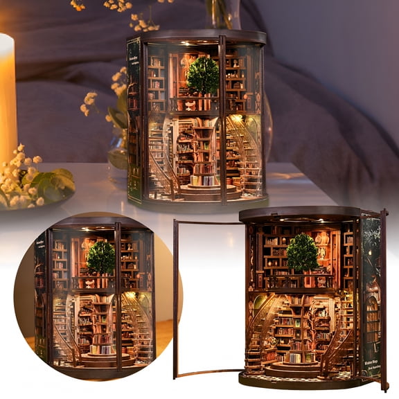 CYFW Book Nooks Kit with Dust Cover, Diy Miniature Library with Led Light Touch Switch, 3D Wooden Puzzle Bookend Bookshelf Craft Kit for Teens & Adults, Book Repository for Home Decor