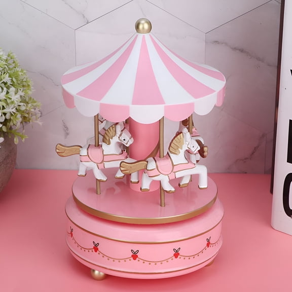 CYFW Carousel Music Box,4 Horse Wooden Merry-Go-Round Music Box Christmas Wedding Birthday Gift,Pink