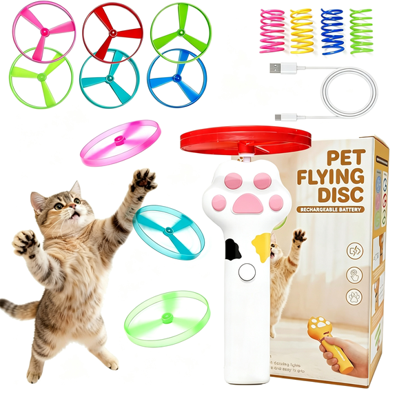 CYFW Cat &Amp; Small Dog Disc Launcher Toy,Rechargeable Flying Spinner Fetch Interactive Pet Toy with Led Lights,Adjustable Launch Control for Indoor Outdoor Play(White)