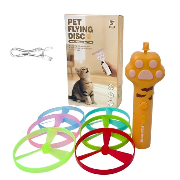 CYFW Cat Fetch Toy,Rechargeable Flying Disc Launcher with 6 Flying Discs,Cat Interactive Hunting Toys for Outdoor&Indoor(Yellow)