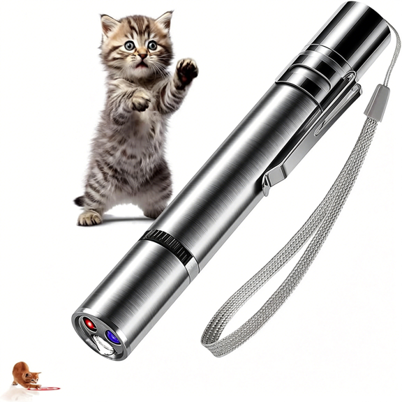 CYFW Cat Interactive Light Toy,3Light Modes&5Fun Patterns,Usb Rechargeable Pointer for Cats/Dogs/Birds,20Min Fast Charge,Stainless Steel Portable Cat Chaser Toy with Ringwormdetector&Flashlight