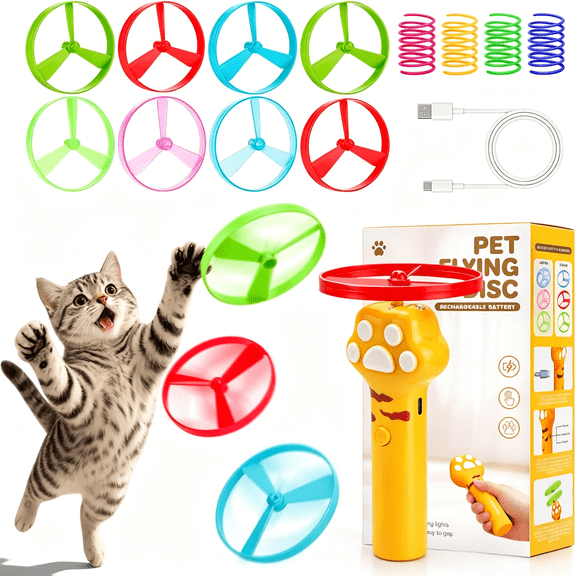 CYFW Cat Toy Disc Launcher,Rechargeable Interactive Cat Fetch Toy Launcher with 8 Flying Discs,Flying Enrichment Toys for Indoor Kittens&Adult Cats