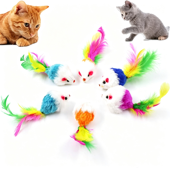 CYFW Cat Toys,6 Pack Furry Rattle Mouse Toy Interactive Cat Toy with Feather Tail,6 Assorted Faux Fur Kitten Toy 5.5 Realistic Size Mini Mice Cat Toy for Bored Indoor Adult Cat