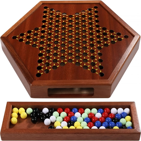 CYFW Chinese Checkers Board Game, 12-Inch Natural Wood Marble Game Set with 72 Marbles and Storage Drawer, Strategic Family Board Game for 2-6 Players