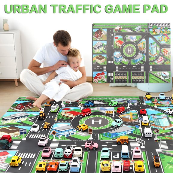 CYFW City Traffic Game Mat,Toy Car Model Parking Lot Scene Floor Mat,Foldable Non Slip Play Carpet for Vehicle Play,Interactive Imaginative Play Rug,Multicolor,51.239.4In