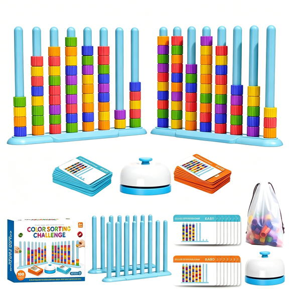 CYFW Color Challenge Game - 2 Pack Color Matching Puzzle Game for Family Game Night and Party, Board Game, Adults, Stacking Game with 2 Stack Racks, 100 Cards, 120 Rings, Bell, Storage Bag