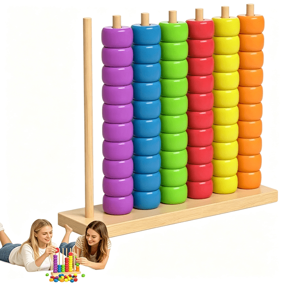 CYFW Color Stacking Game,60 Pcs Challenge Colorful Ring Stacking Games,Wooden Rainbow Sorting&Stacking,Fun Color Matching Puzzle Game for Family Game Night,Includes 1 Stack Racks&60 Rings (1)