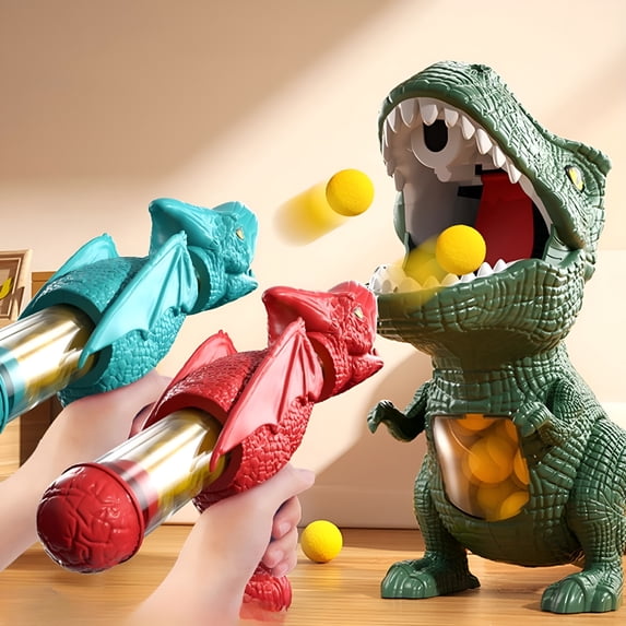 CYFW Dinosaur Ball Launcher Toy,Rotating Spray Shooting Game Set,24 Soft Bullets Twin Injectors,Green Outdoor Activity Dinosaur Shooting Game Stem Learning Gift