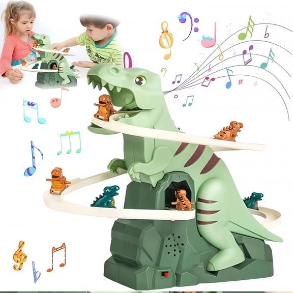 CYFW Dinosaur Climbing Stairs Toy with Music and Sound Effects, Interactive Track Game and Slide Roller Coaster, Fun Educational Present for Children Kids Roller Coaster- Green