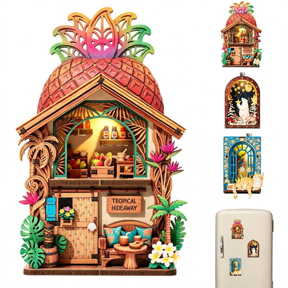 CYFW Diy Mini Wooden House Refrigerator Magnets, 3D Book Nook Craft Kit with Led Light, Magnetic Back Miniature Scene Decor, Handmade Tiny Room Ornament for Fridge, Desk, Office (Pineapple)