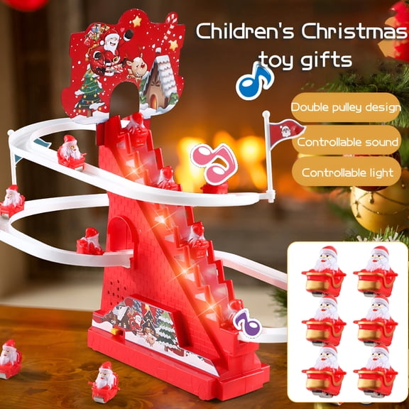 CYFW Electric Santa Climbing Track Toy with Led Light Music Christmas Father Automatic Stair Climbing Roller Coaster Sliding Toy Toddlers Boys Girls Gift