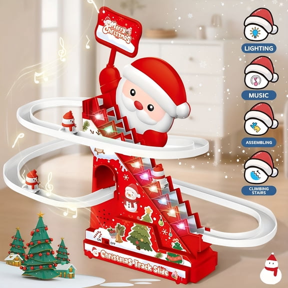 CYFW Electric Santa Slide Climbing Toy with Automatic Stairs, Led Lights and Music Interactive Game, Red Roller Coaster Track for Kids Christmas Birthday Gift
