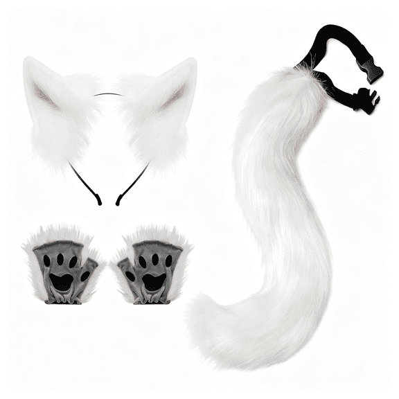 CYFW Faux Fur Wolf Ears Headband Fox Tail and Paw Gloves Set Cosplay Halloween Costume Accessories Ears and Tail Set