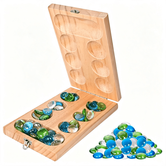 CYFW Games Mancala Set,Folding Wooden Board with 48 Glass Stones"Blue,Green,And White,Portable Travel Design,Classic Strategy Game for 2 Players 48 Glass Stones,Green Blue White Pieces,7X2.25 in