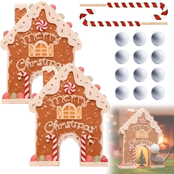 CYFW Gingerbread Golf Game Set,Christmas Indoor Family Games with Candy Cane Stick and Balls,Funny Party Activity,Mini Golf Home Play for Kids Adults,Holiday Gingerbread House Target Toy (2Pcs)