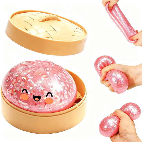 CYFW Glitter Dumpling Squishy Box, Stress Relief, Soft Squeeze Decompression Dough, Glitter Dumpling Squishy (Transparent Pink)