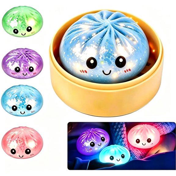 CYFW Glowing Dumpling Mystery Box Squishy Toys Light-Up Sensory Stress Ball with Steamer Cute Smile Fidget Squeeze Desk Accessory for Office Decompression & Fun Blind Box Gifts (Blue)