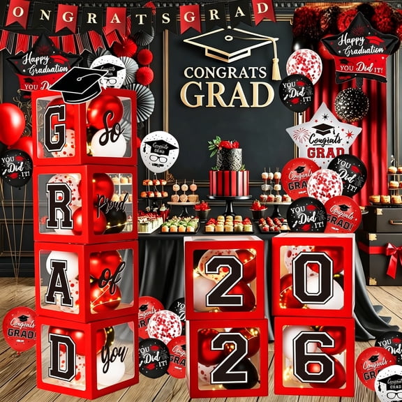 CYFW Graduation Decorations Class of 2026 - Red and Black Graduation Decorations - Balloons Boxes with Letters 2026 Grad So Proud of You,Congrats Grad Party Decorations for Any Grades