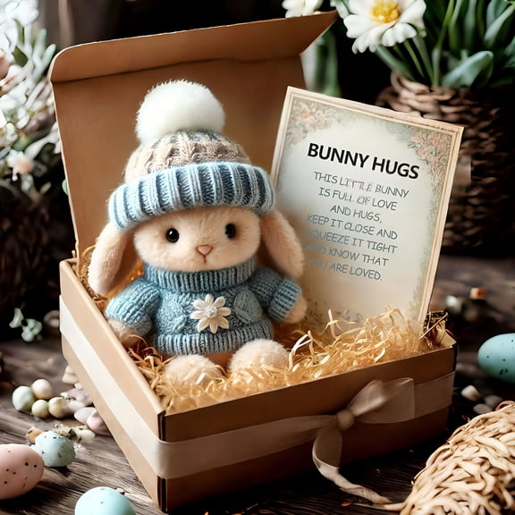 CYFW Handmade Mini Bunny Hug Cute Easter Gift with Card,Soft Plush Rabbit Mini Bunny Hugs in Box,Easter Basket Bunny Stuffer Women Men for Mother'S Day,Valentine'S Day,Birthday (Blue)